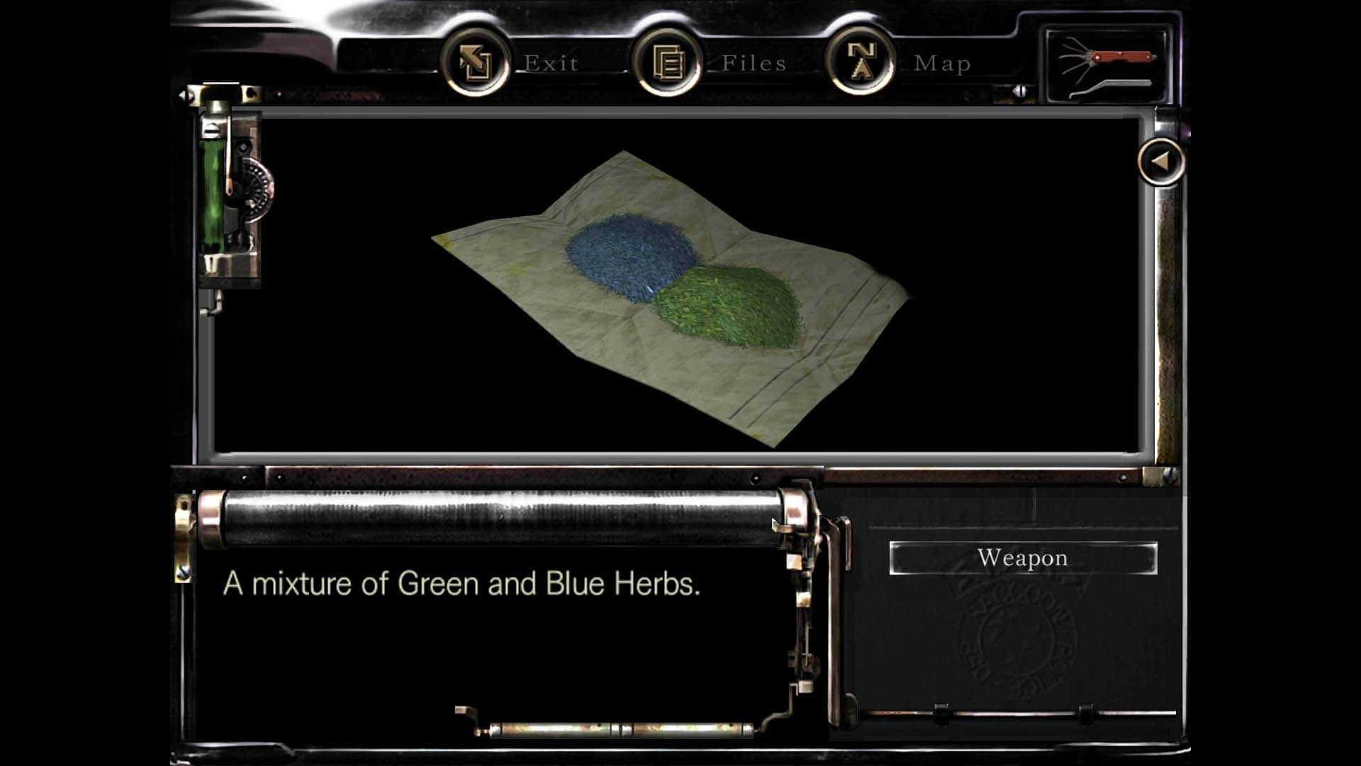 Blue and green herb on parchment paper (Resident Evil 1 Remake inventory screenshot)