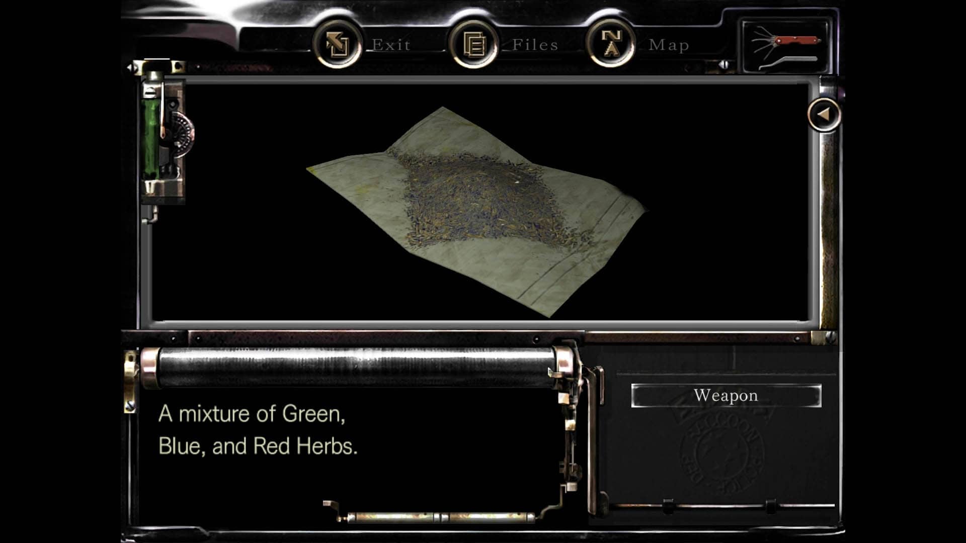 Mixed herbs on parchment paper (Resident Evil 1 Remake inventory screenshot)