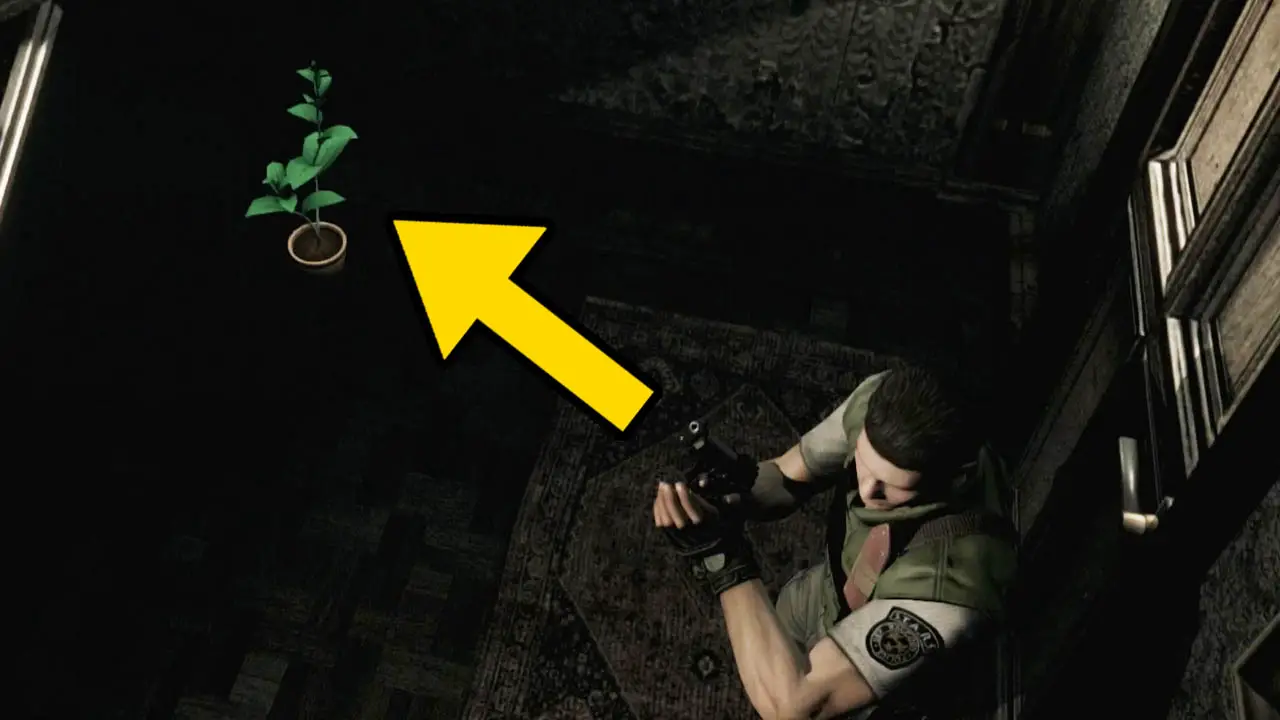 Chris standing next to a green herb with a yellow aroow pointing at the green herb (Resident Evil herb guide)