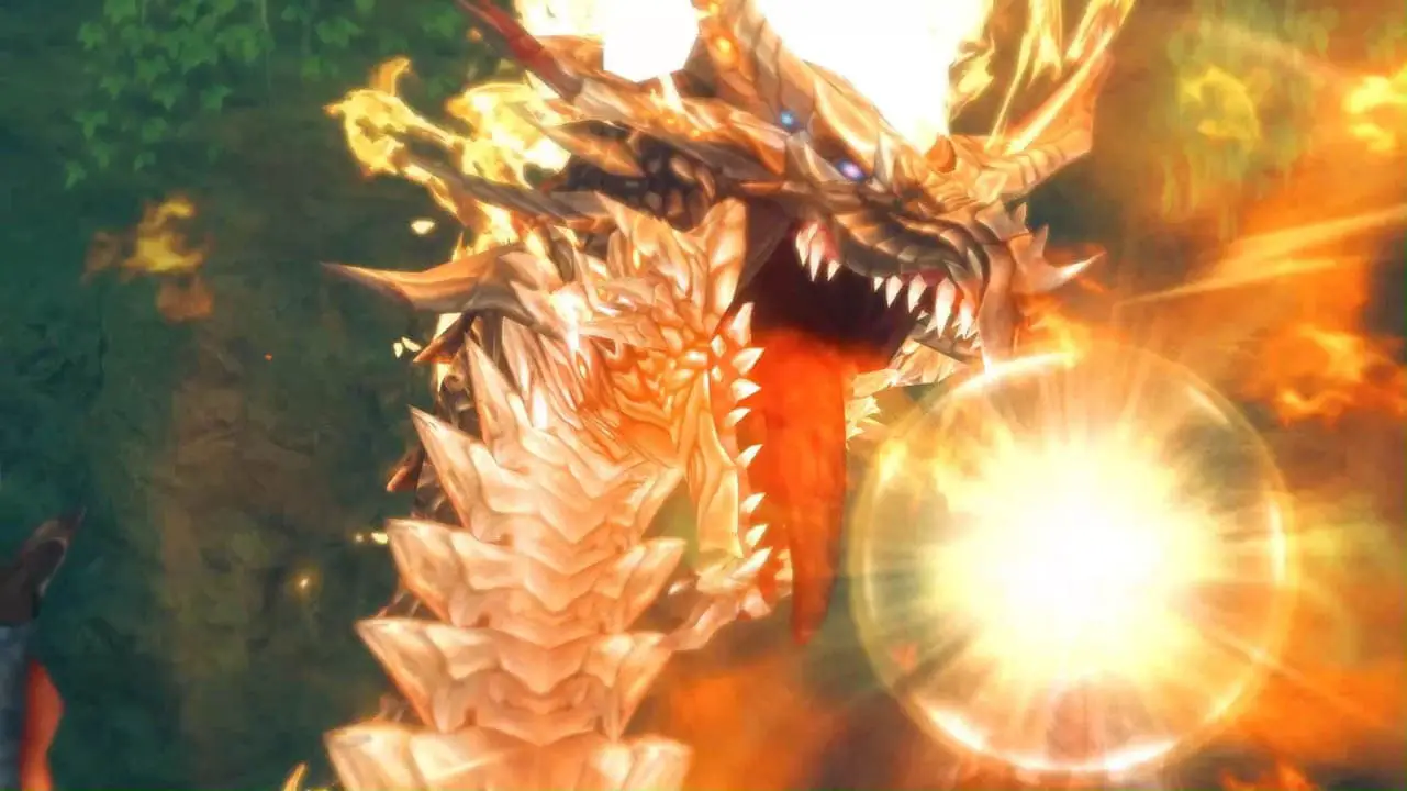 An orange dragon with an orange flame in front of its mouth
