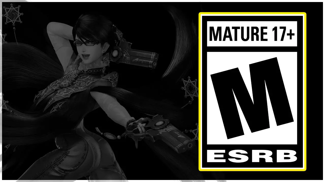 A woman holding guns faded next to a giant M rated ESRB logo
