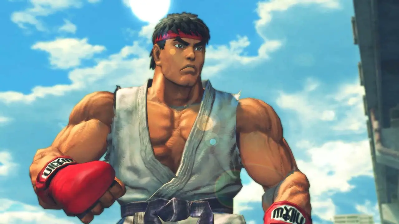 Ryu from street fighter ready to fight against a blue sky behind him