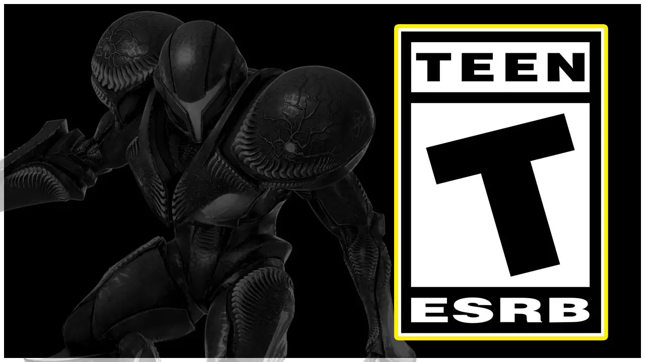 A giant ESRB T for Teen rating next to a darkened out Dark Samus against a black background