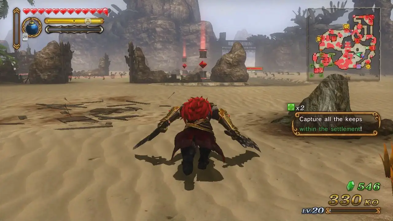 Ganon running through a desert with blades drawn at his sides