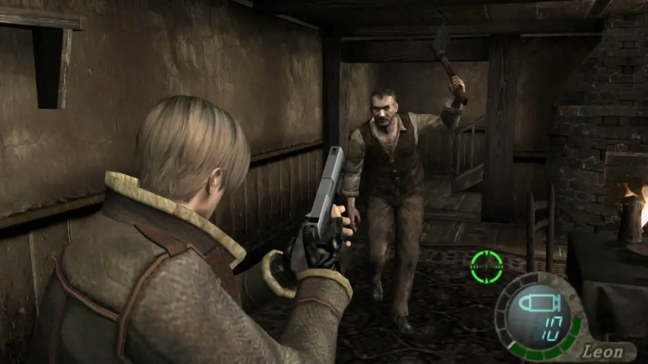 A man with a gun drawn within a brown shack with a man approaching him wielding a knife over his head