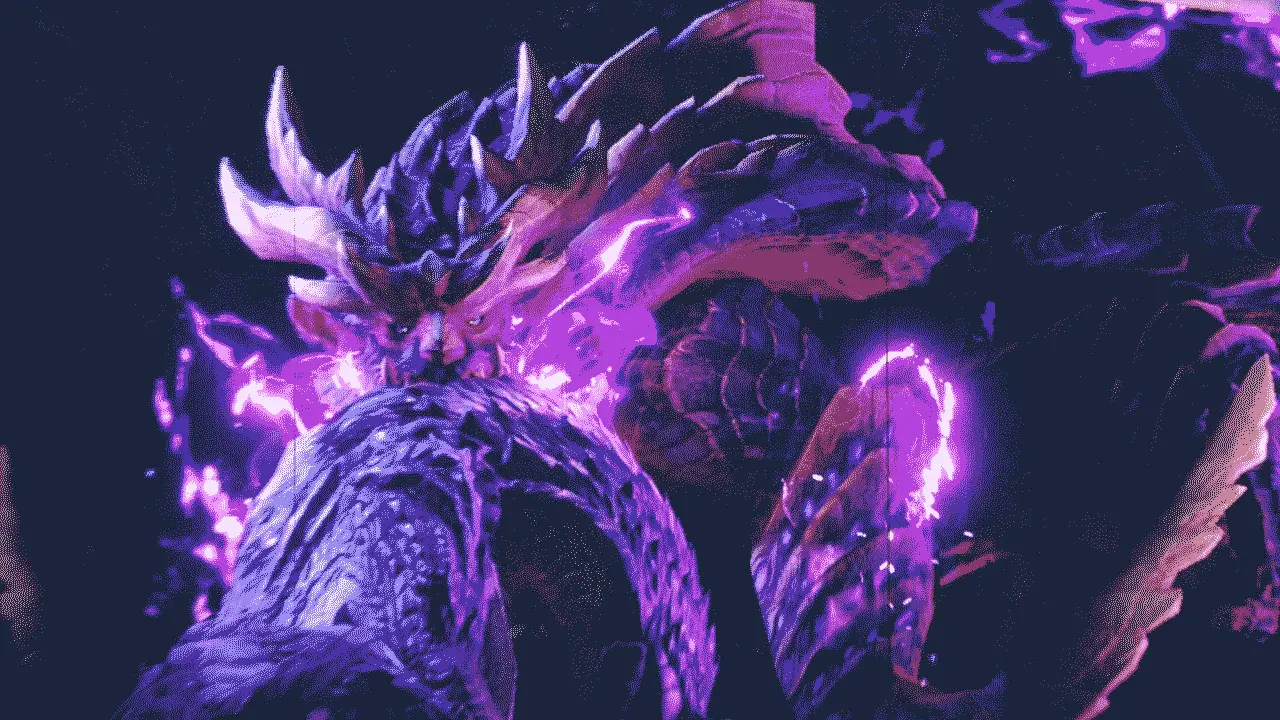 Purple Magnamalo with a monster in its mouth