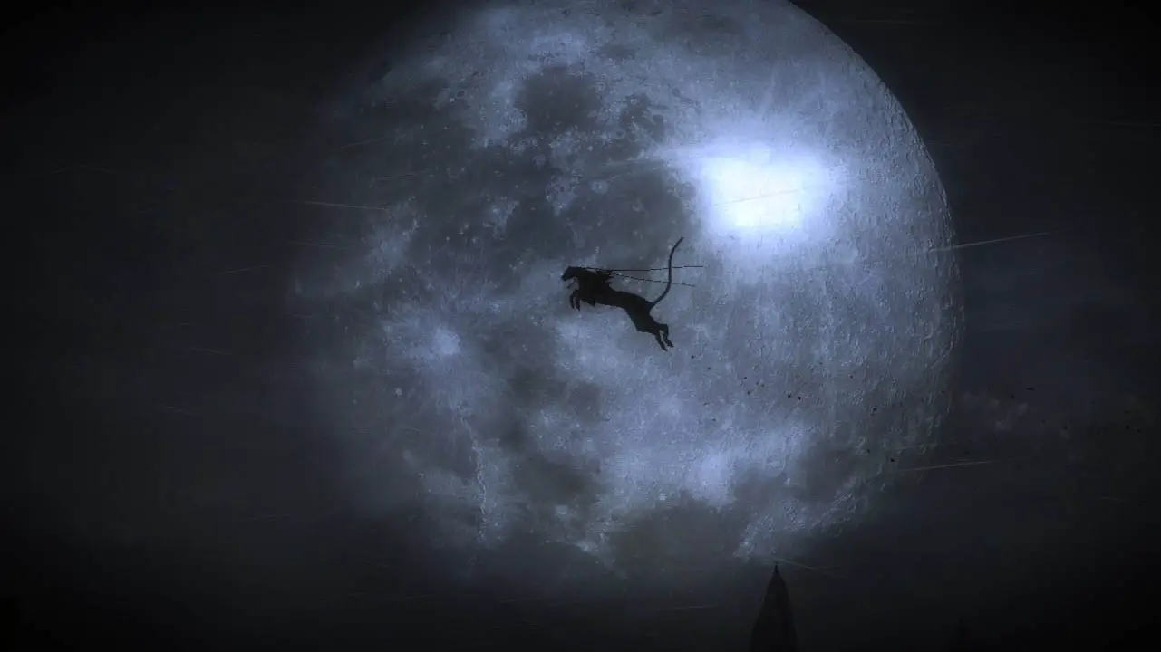 A wolf's silhouette jumping in front of a full moon against the night sky (bayonetta screenshot)