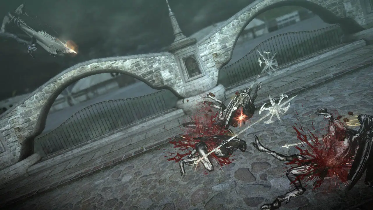 Bayonetta in the air shooting demons with her guns (bayonetta nintendo switch screenshot)