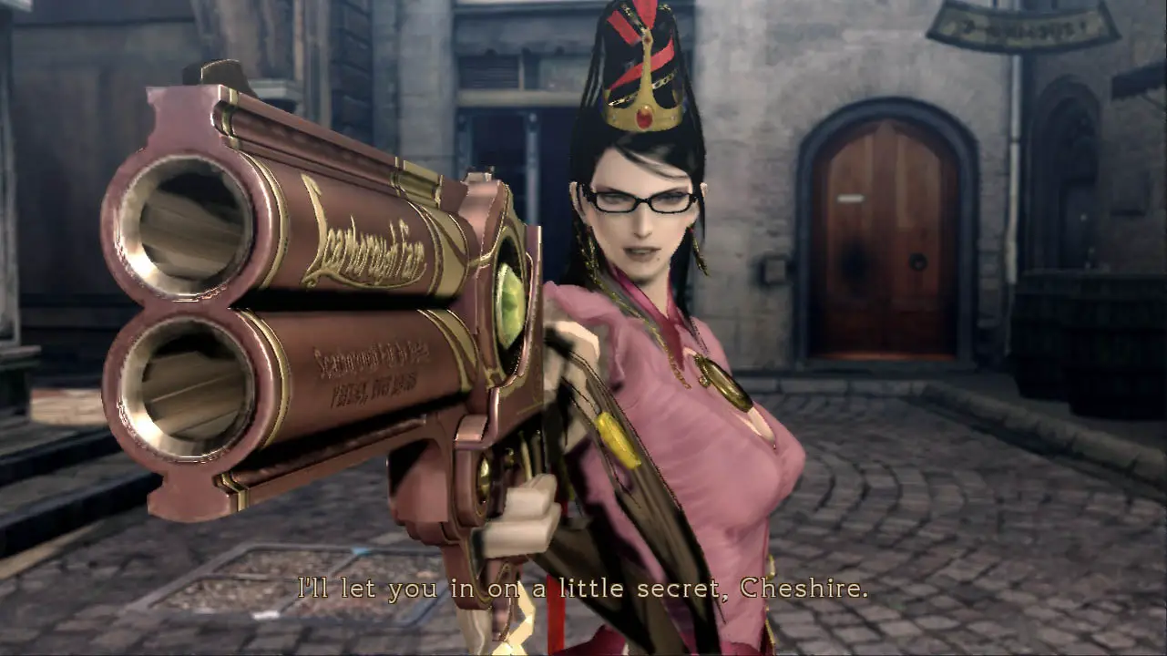 Bayonetta pointing a gun at the viewer, wearing Peach's outfit (bayonetta nintendo switch screenshot)