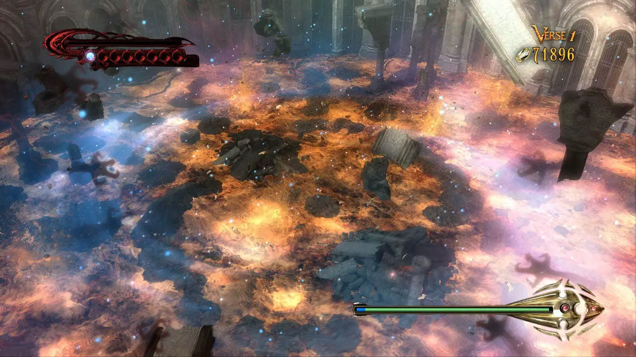 A large explosion in a rocky arena (bayonetta screenshot_