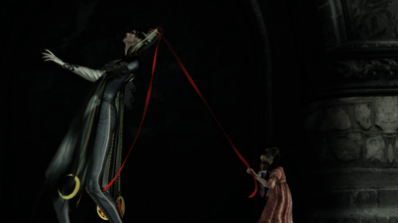 Bayonetta's hair being pulled by a little girl (bayonetta screenshot)