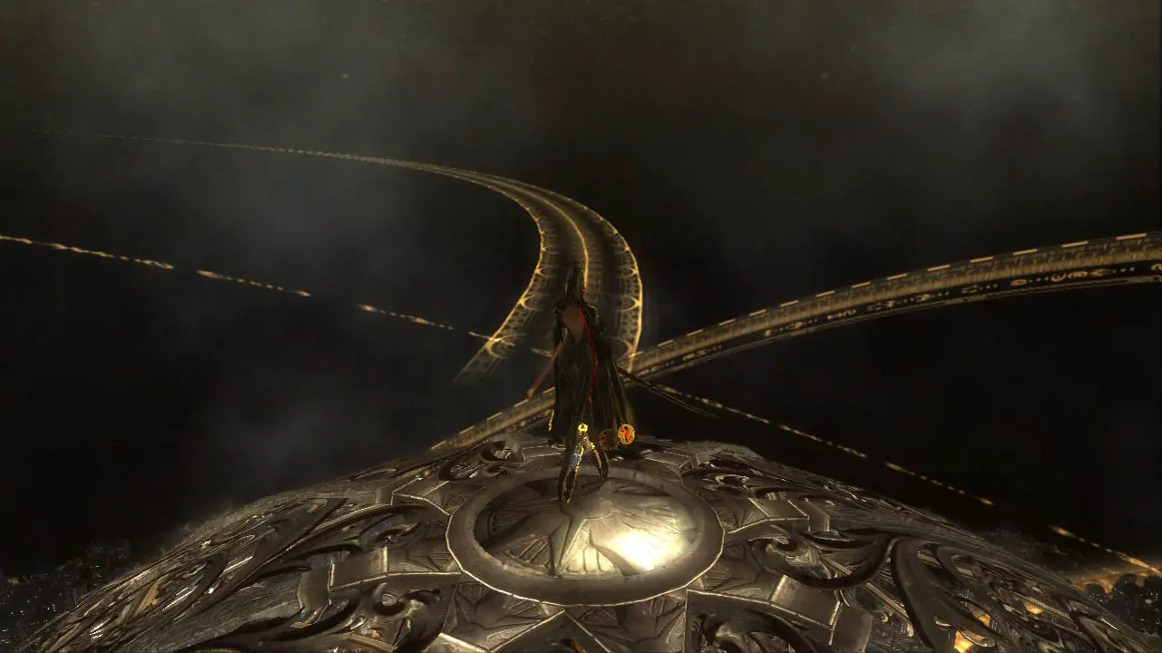Bayonetta standing on a golden road (bayonetta screenshot)
