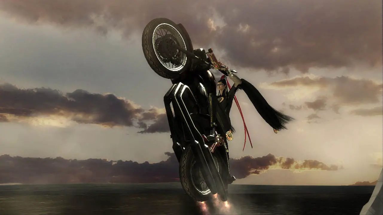 Bayonetta doing a wheelie on a motorcycle (bayonetta screenshot)