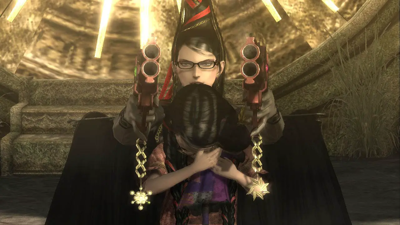 Bayonetta cradling a scared girl covering her eyes with Bayonetta holding guns out (bayonetta screenshot)