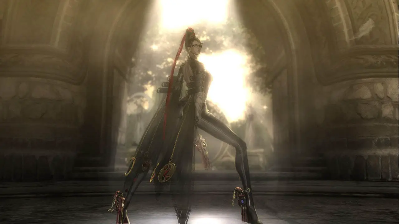 Bayonetta posing in a chapel with sunlight illuminating her (bayonetta screenshot)