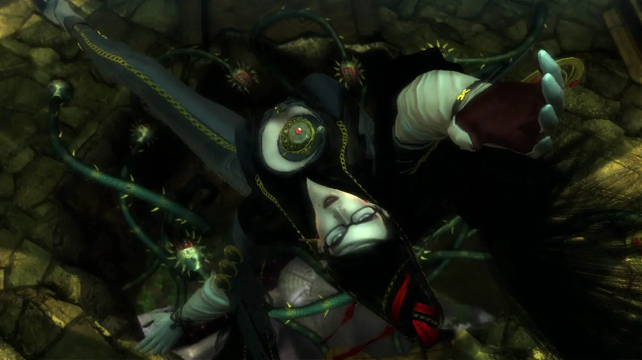 Bayonetta falling towards a tentacle monster while she is reaching upward (bayonetta screenshot)
