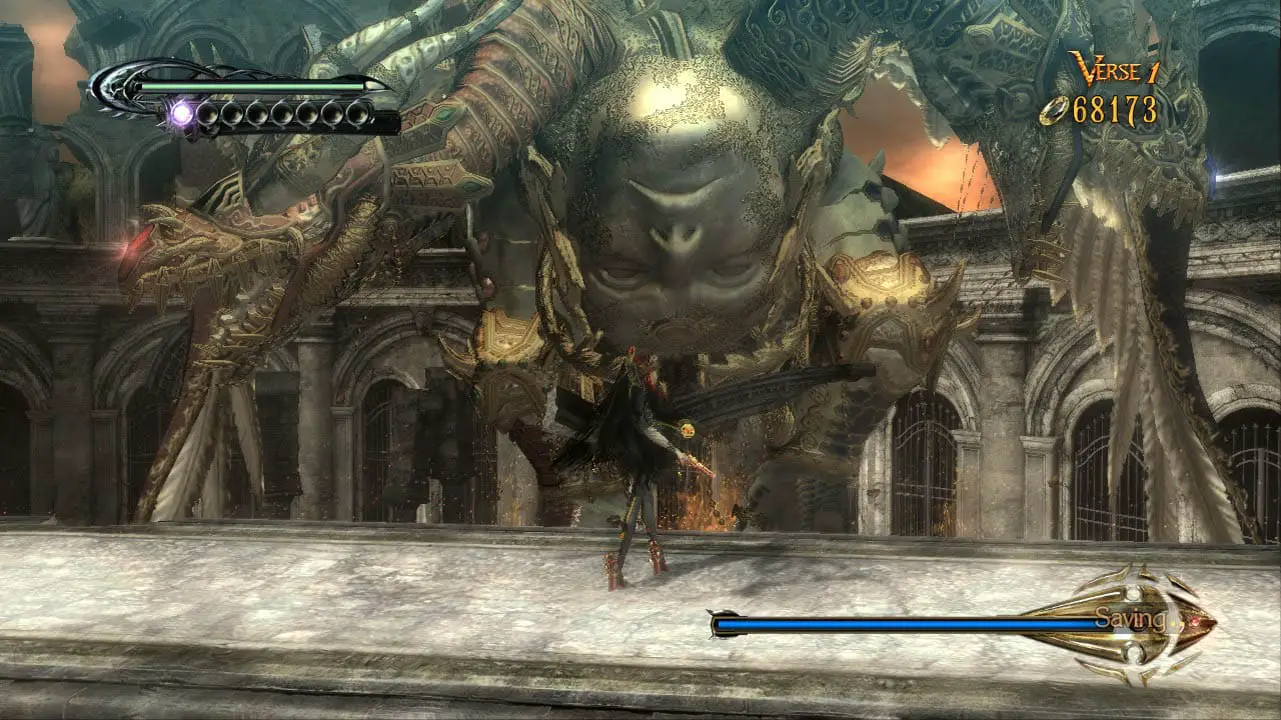 An upside down head monster with Bayonetta facing it while standing on a bridge (bayonetta screenshot)