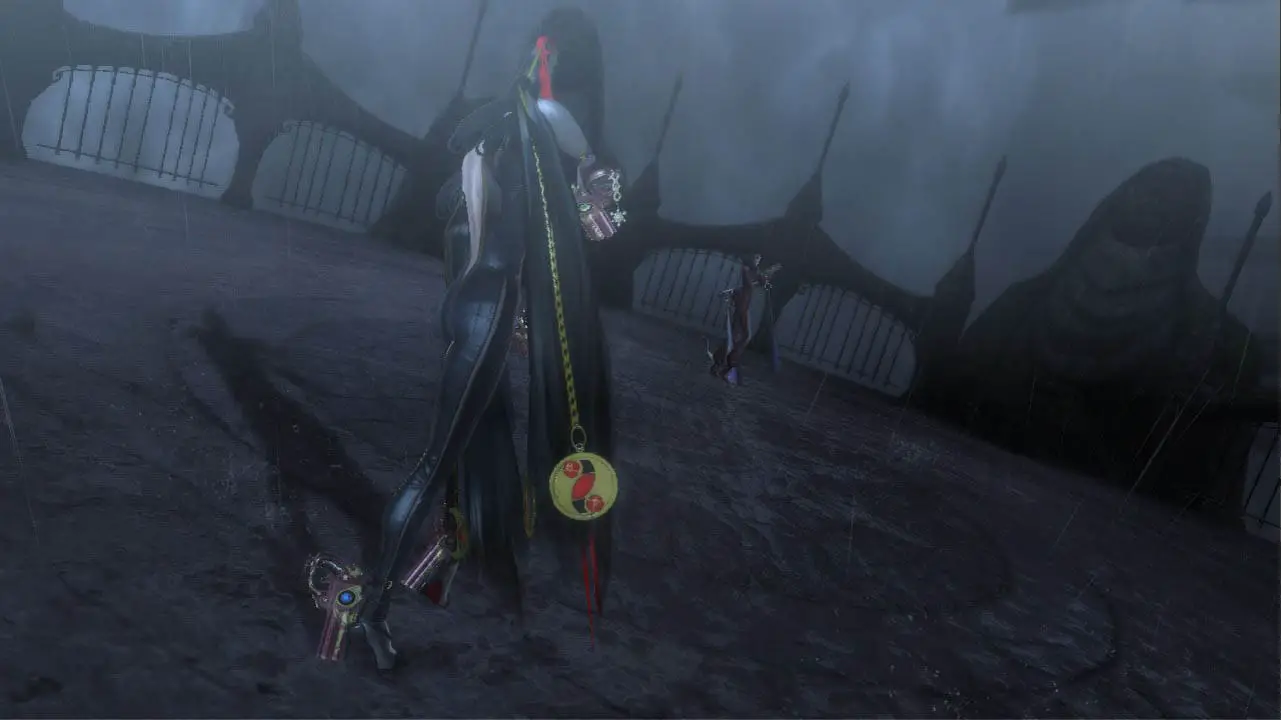 Bayonetta in a stand off with another woman in an open arena at night (bayonetta screenshot)