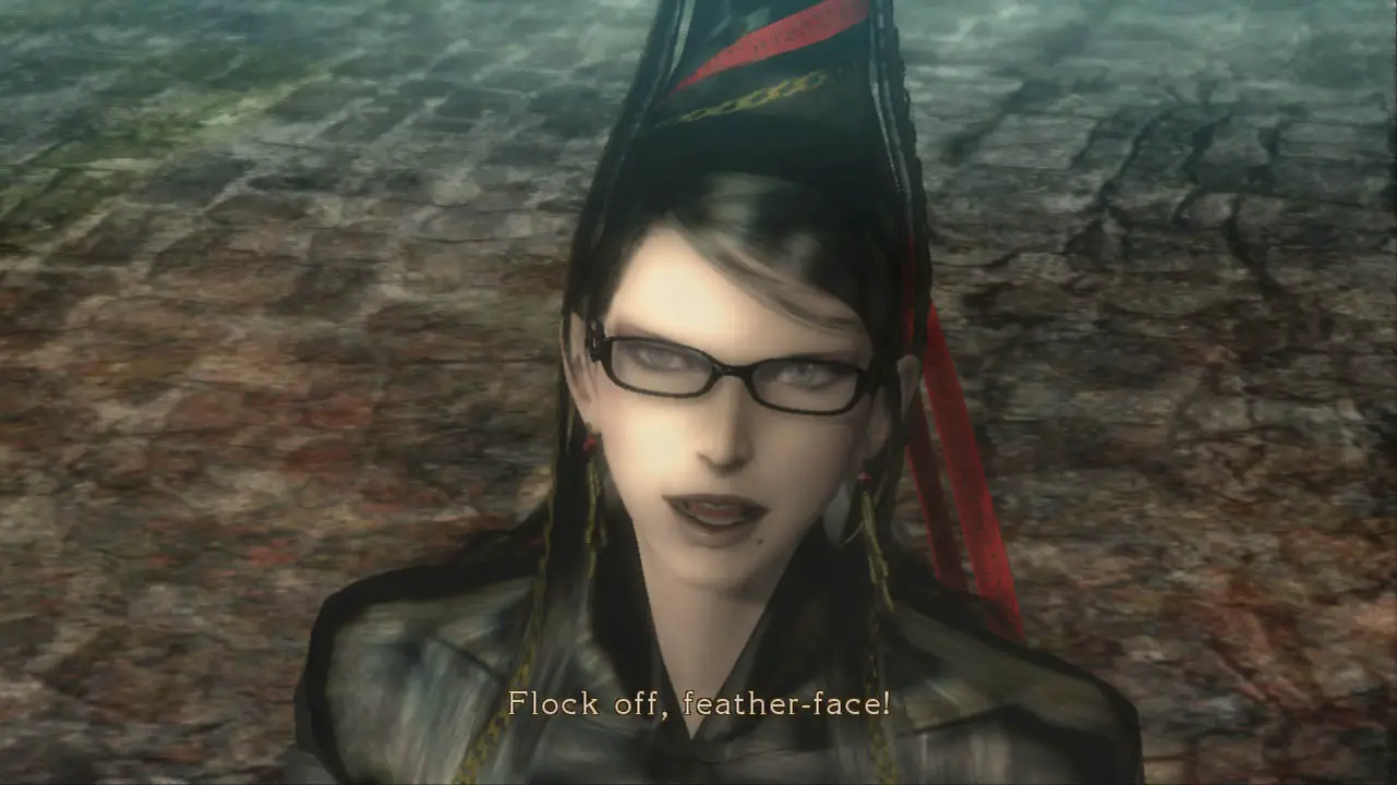 Bayonetta trash talking someone with a close-up on her face (bayonetta screenshot)