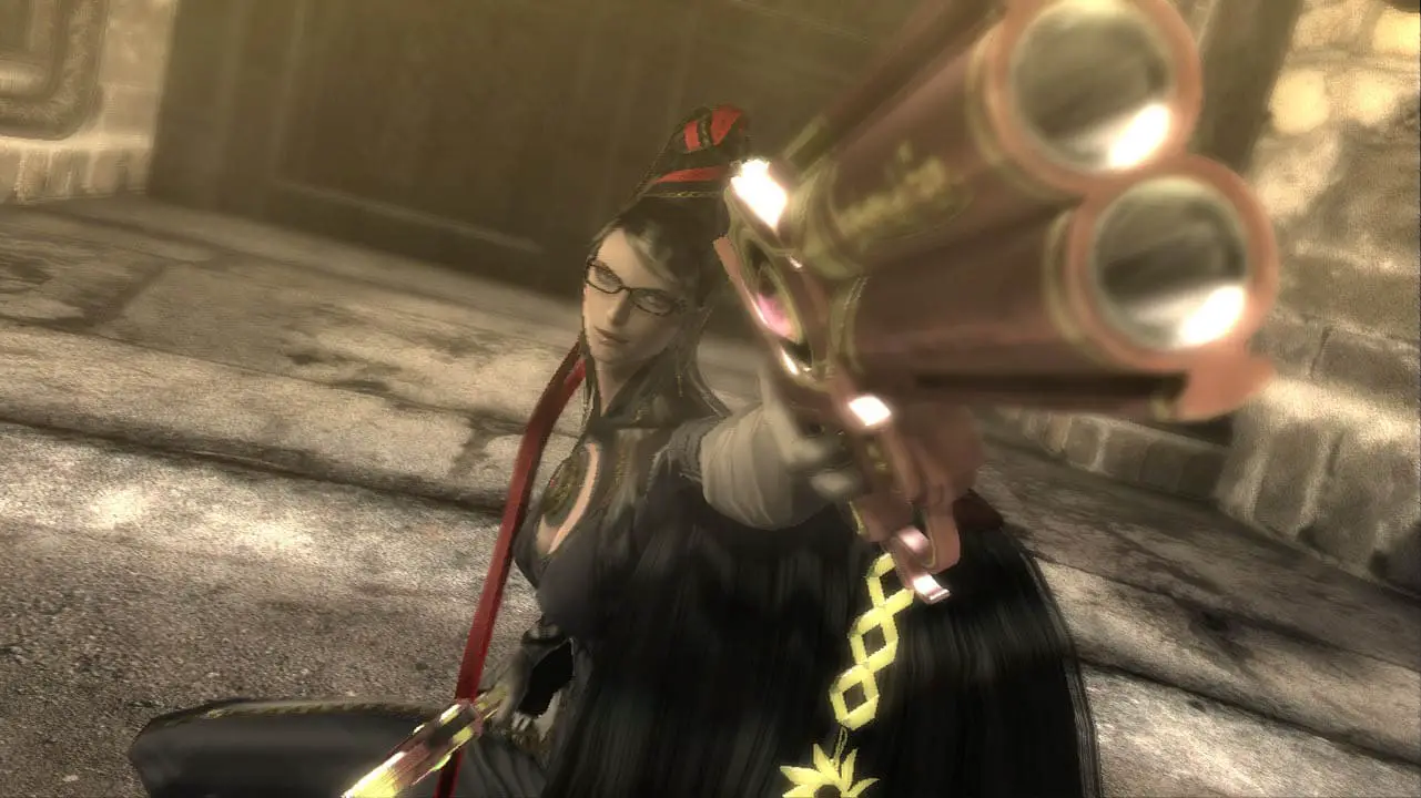 Bayonetta pointing her gun i a stylish manner (bayonetta screenshot)