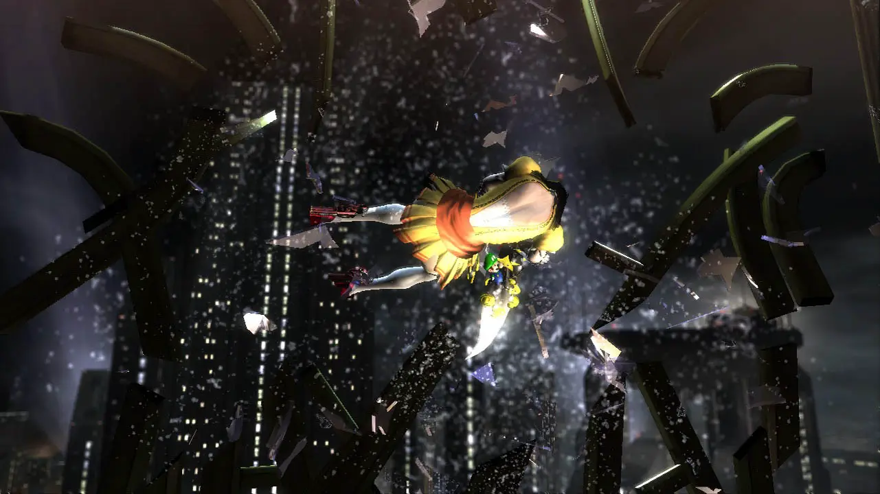 Bayonetta being thrown out a window wearing Daisy's outfit (bayonetta screnshot)