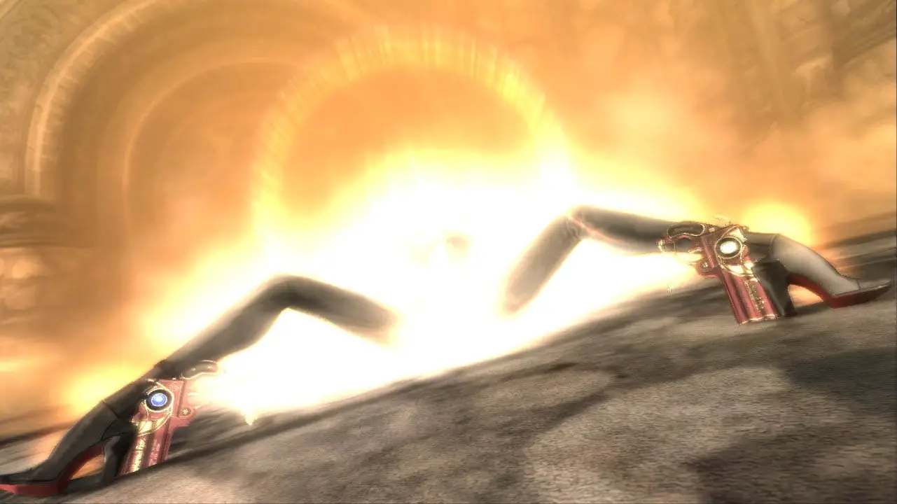 Bayonetta with her legs spread with gold aura emanating from her body (bayonetta screenshot)