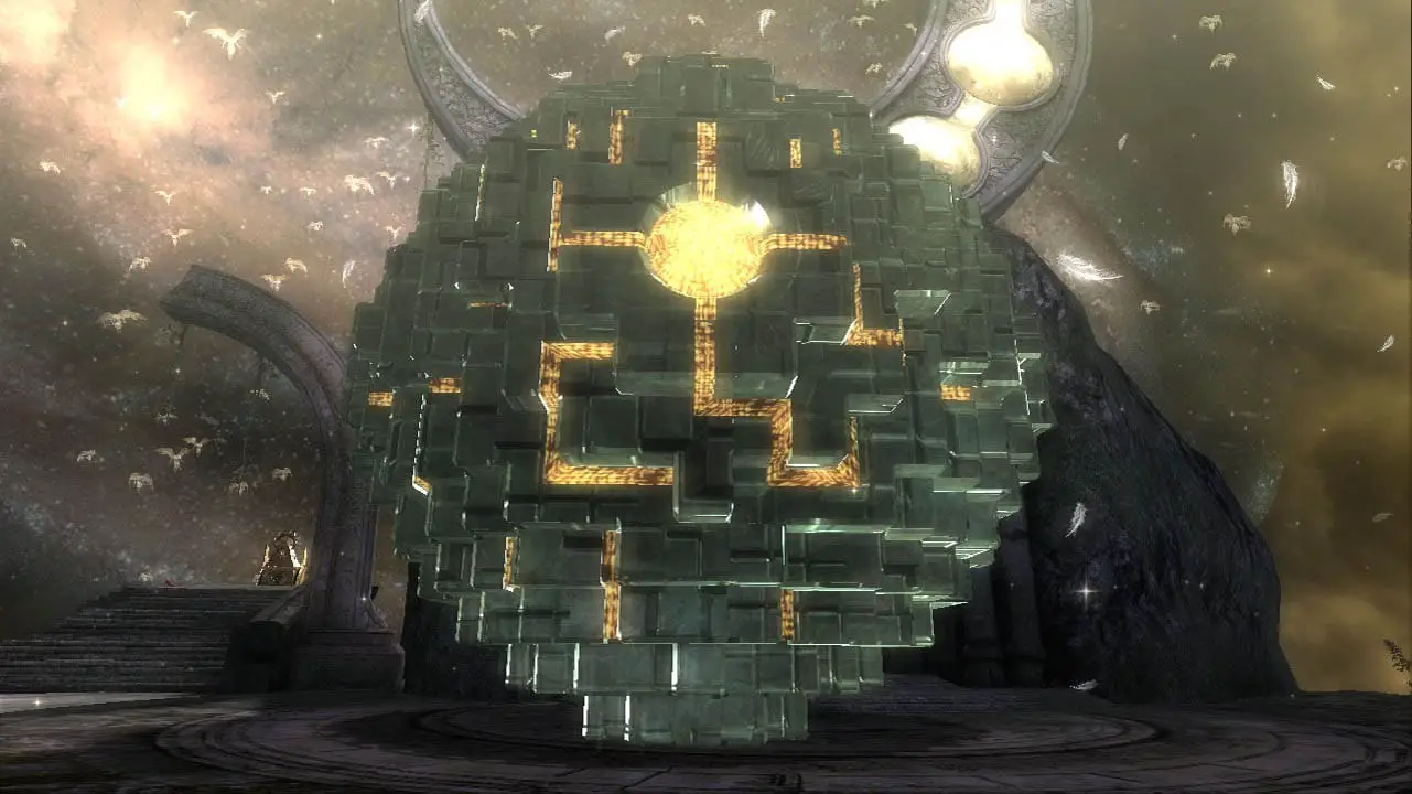 A giant round construct, glowing gold (bayonetta screenshot)