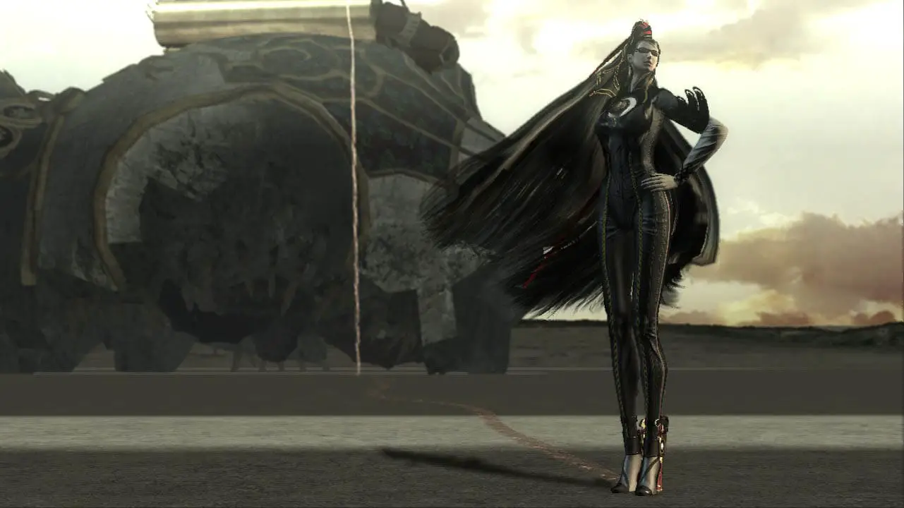 Bayonetta posing with a large cracked cement object in the background (bayonetta screenshot)