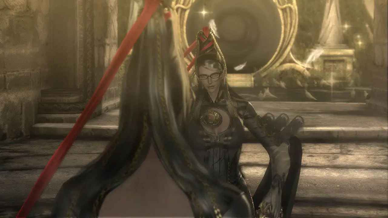 Bayonetta standing face to face with a clone of herself (bayonetta screenshot)