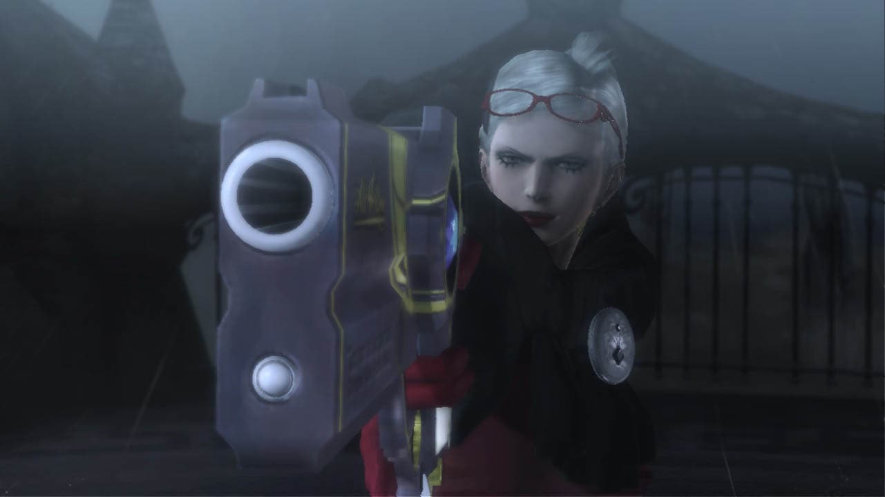 A woman with white hair and red attire pointing a gun at the viewer (bayonetta screenshot)