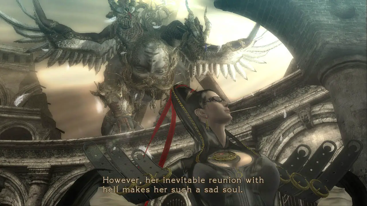 Bayonetta posing with a giant creature looming over her in the background (bayonetta screenshot)
