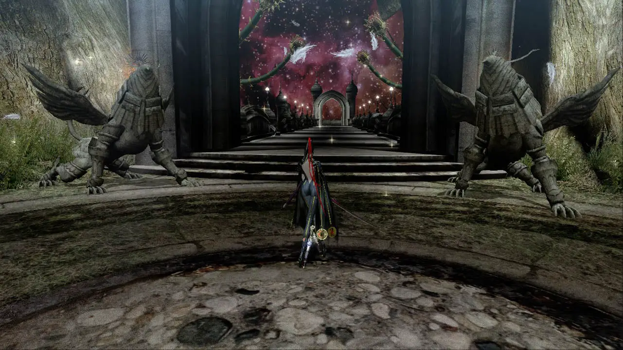 Bayonetta standing on cement with two creature statues surrounding her with a cement pathway leading to a road surrounded by a sky filled with stars (bayonetta screenshot)
