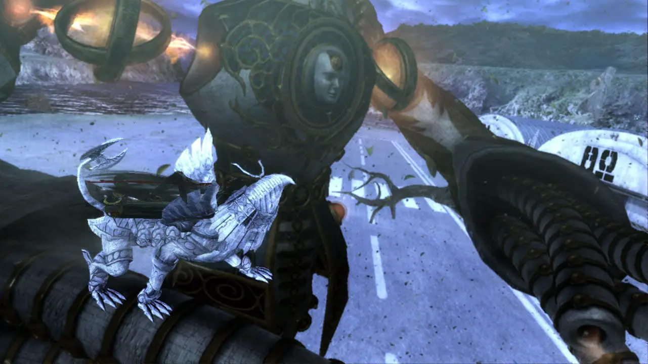 A creature on the highway with mountains in the background (bayonetta screenshot)