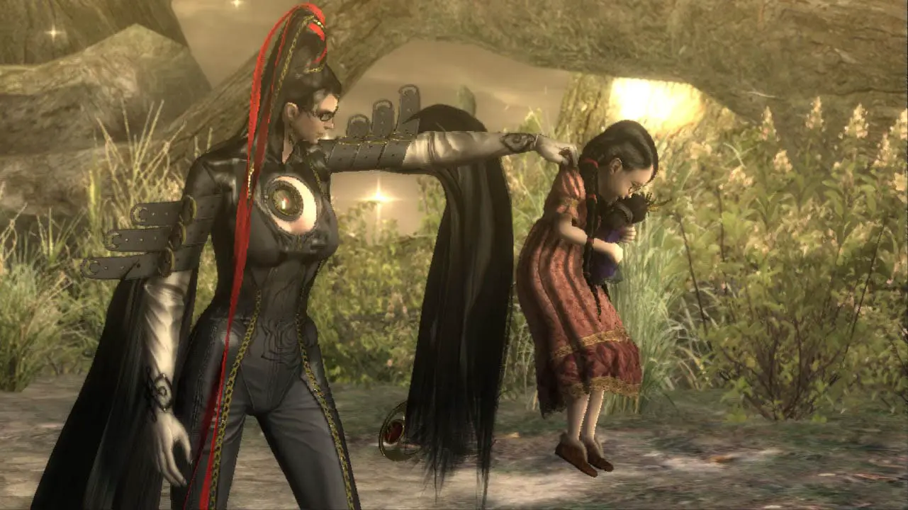Bayonetta holding a little girl up by the girl's dress with one hand during the afternoon (bayonetta screenshot)