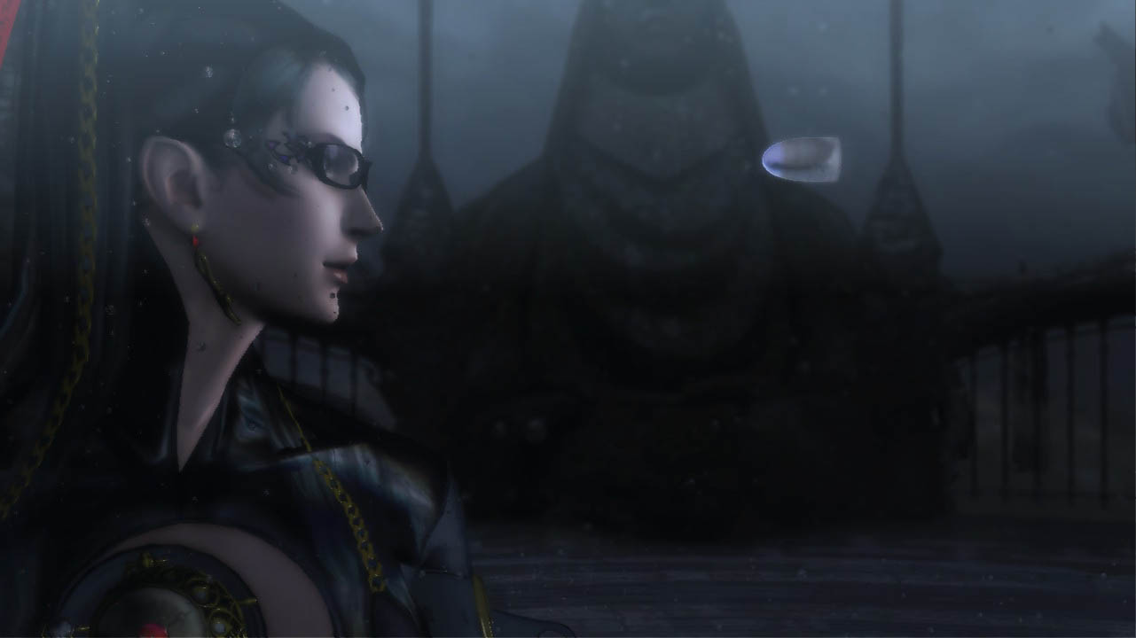 Bayonetta looking at a bullet approaching her face at night (bayonetta screenshot)