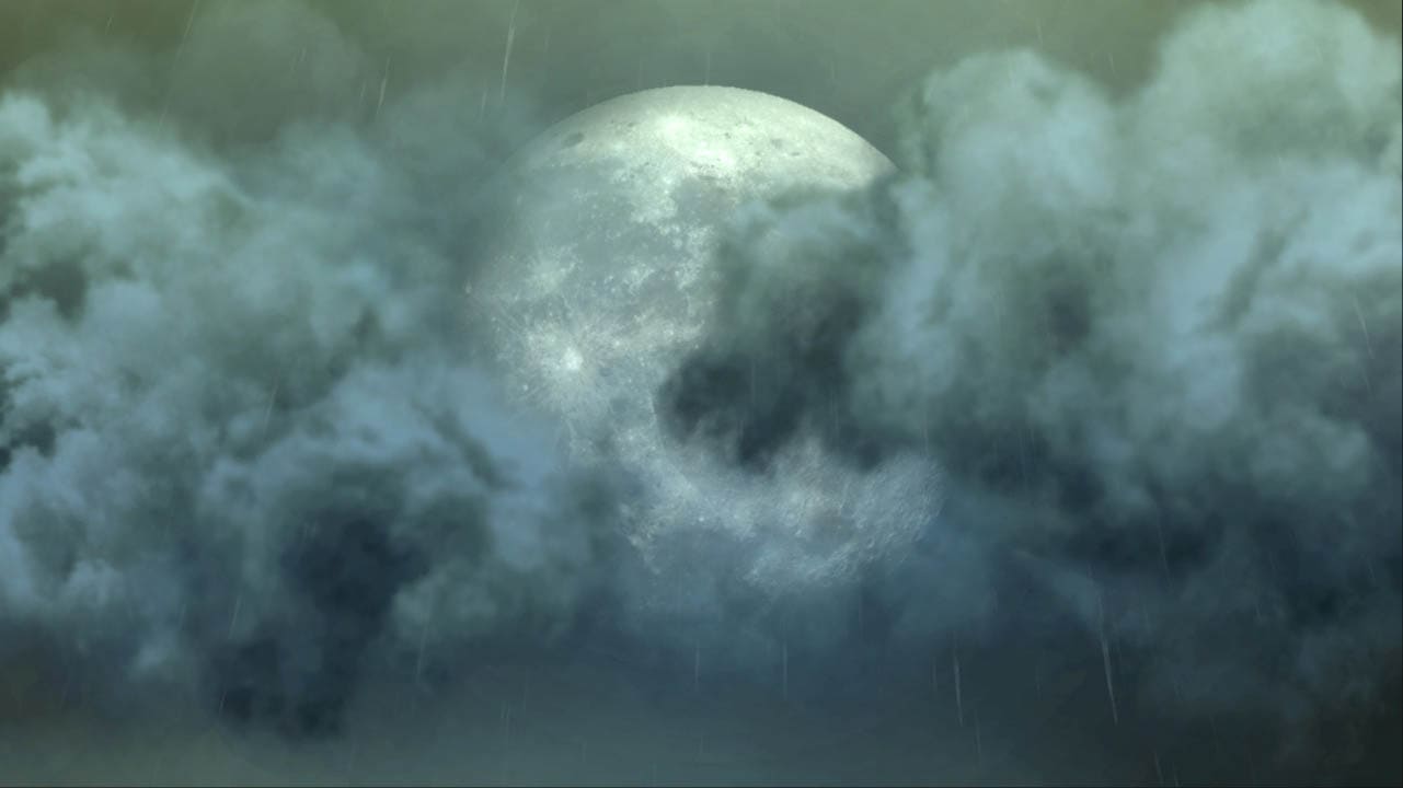 A full moon in the sky covered by clouds (bayonetta screenshot)