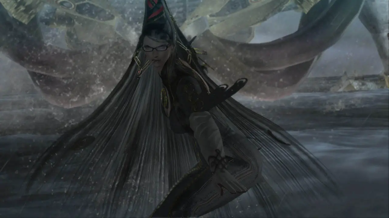 Bayonetta surfing away from a giant creature (bayonetta screenshot)