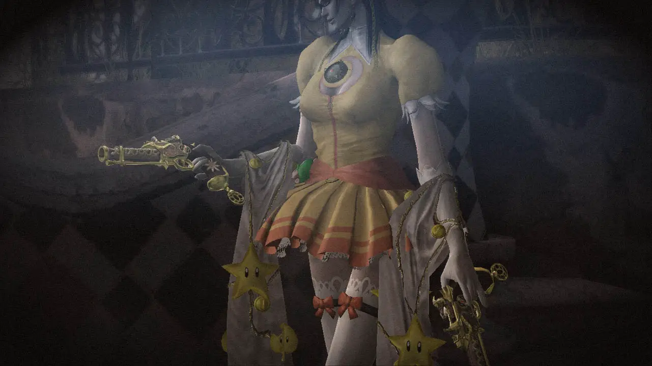 Bayonetta checking her guns, wearing a Princess Daisy outfit (bayonetta screenshot)