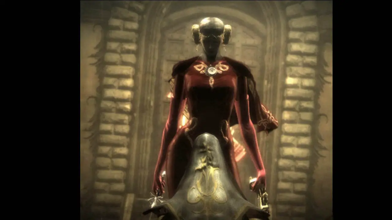 A woman with buns and wearing a red dress in a worn down chapel (bayonetta screenshot)