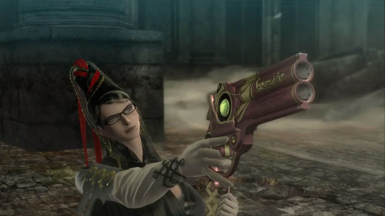 Bayonetta pointing a gun at something off camera (bayonetta screenshot)