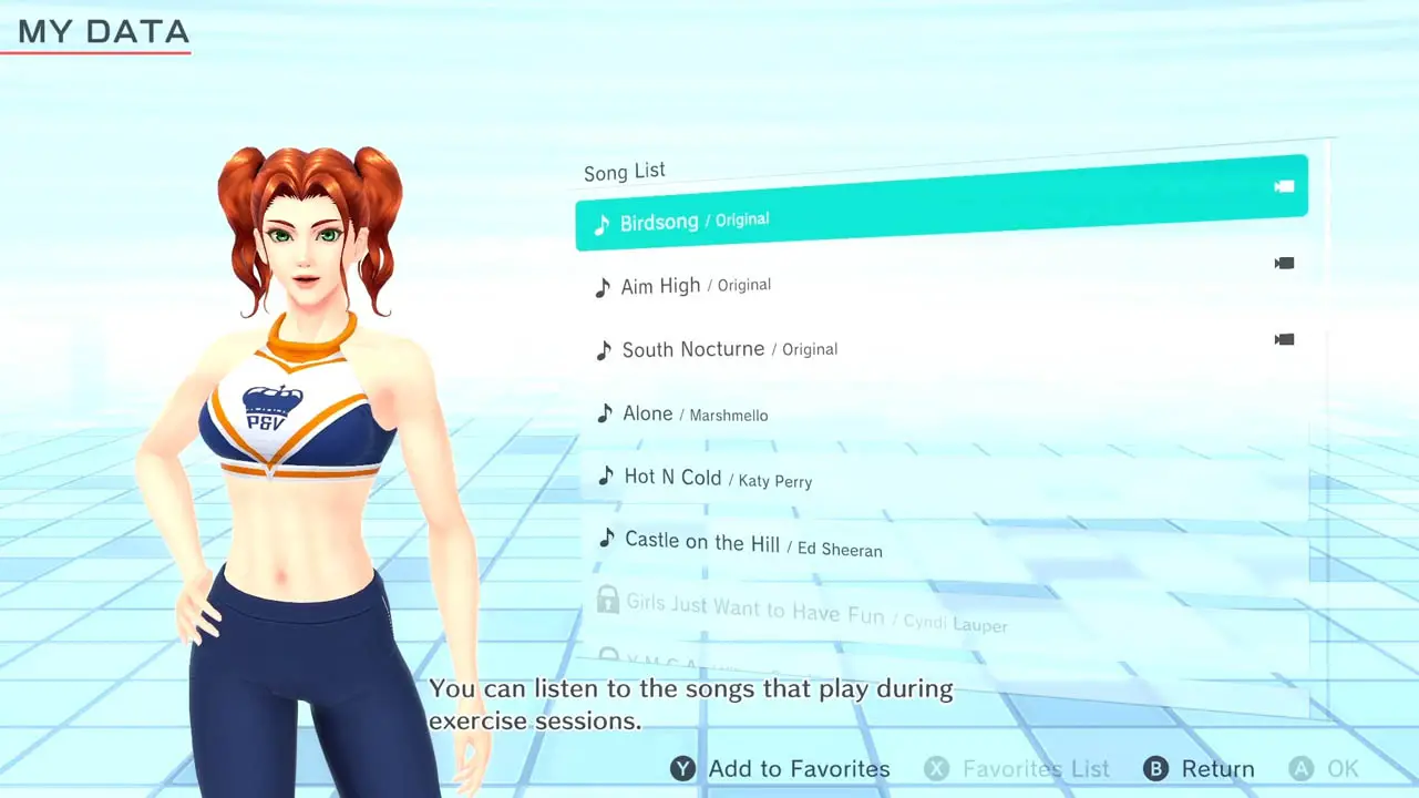 A woman in workout clothes standing in a blue and white room next to a list of songs (fitness boxing 2 screenshot)