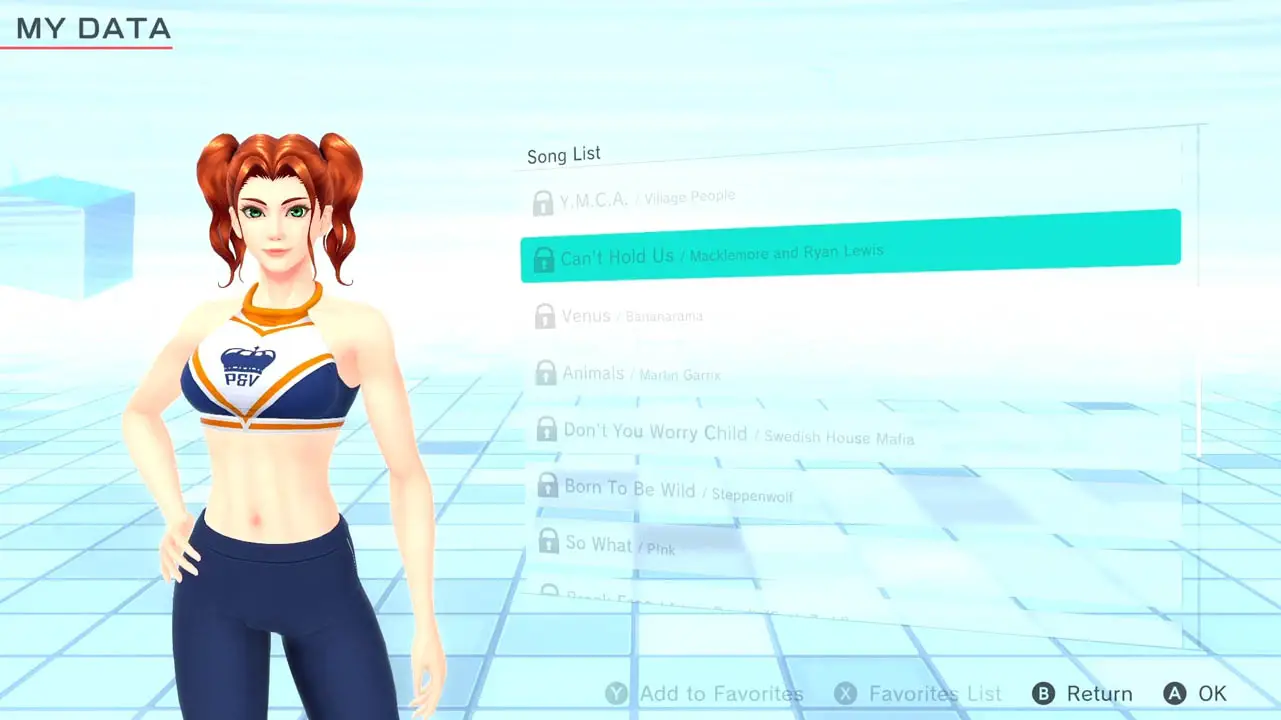 A woman in workout clothes standing in a blue and white room next to a list of songs (fitness boxing 2 screenshot)