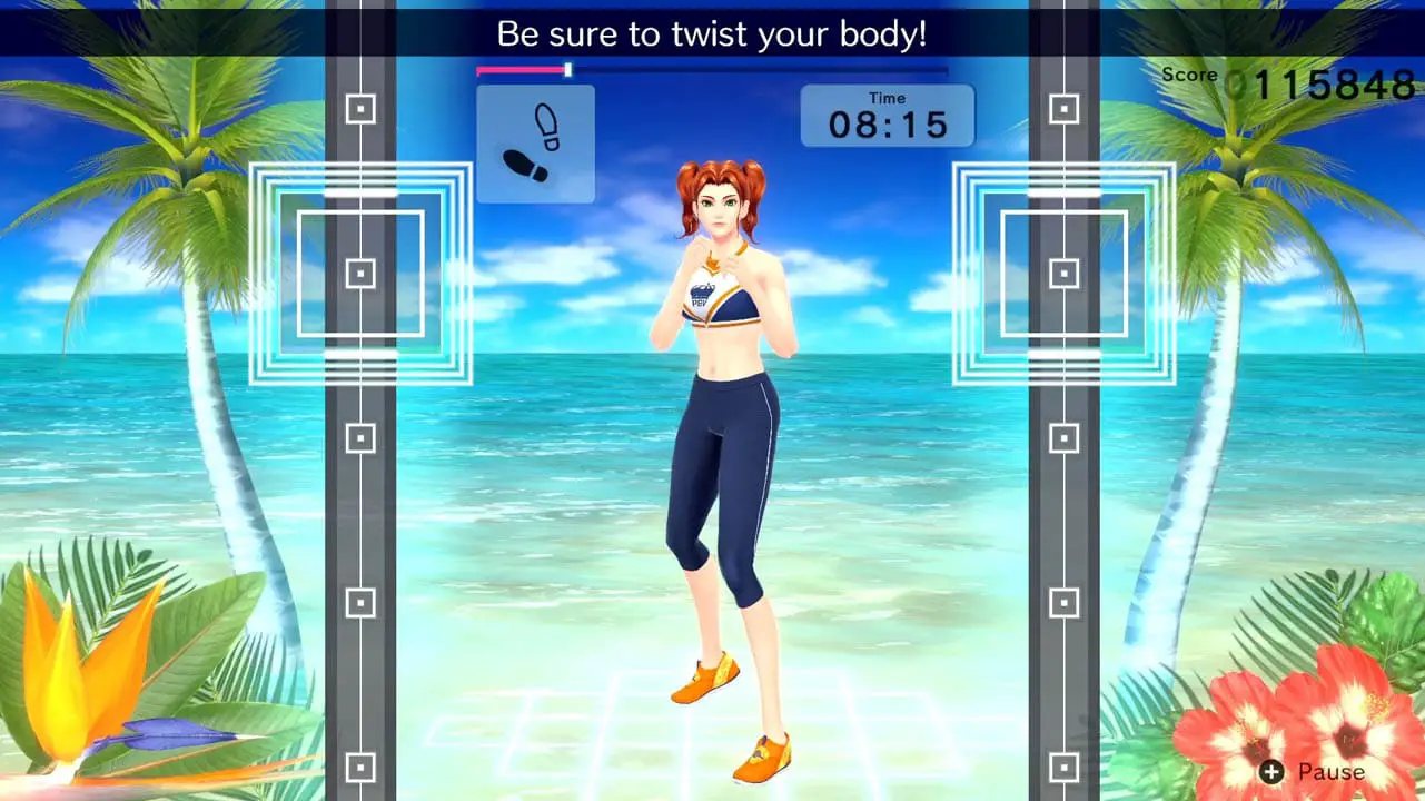 A woman in workout clothes in front of a beach with hit markers next to her (fitness boxing 2 nintendo switch screenshot)