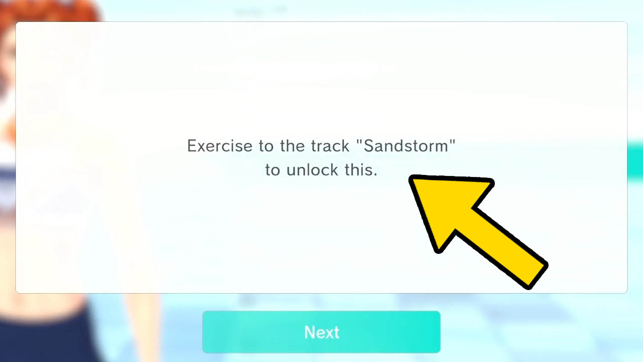 A white message box with text and a yellwo arrow pointing at the text (fitness boxing 2 nintendo switch screenshot)
