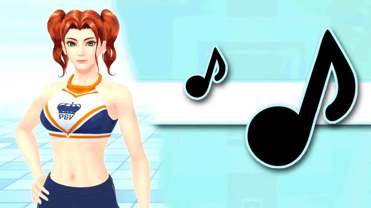 A woman standing in workout clothes against a blue background with music notes floating next to her (fitness boxing 2 nintendo switch screenshot)
