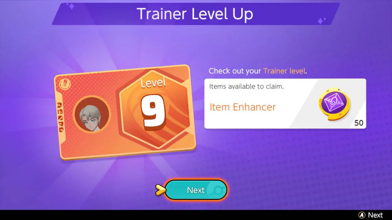 A trainer card on the screen with a message "trainer level up" along with a reward (pokemon unite screenshot)
