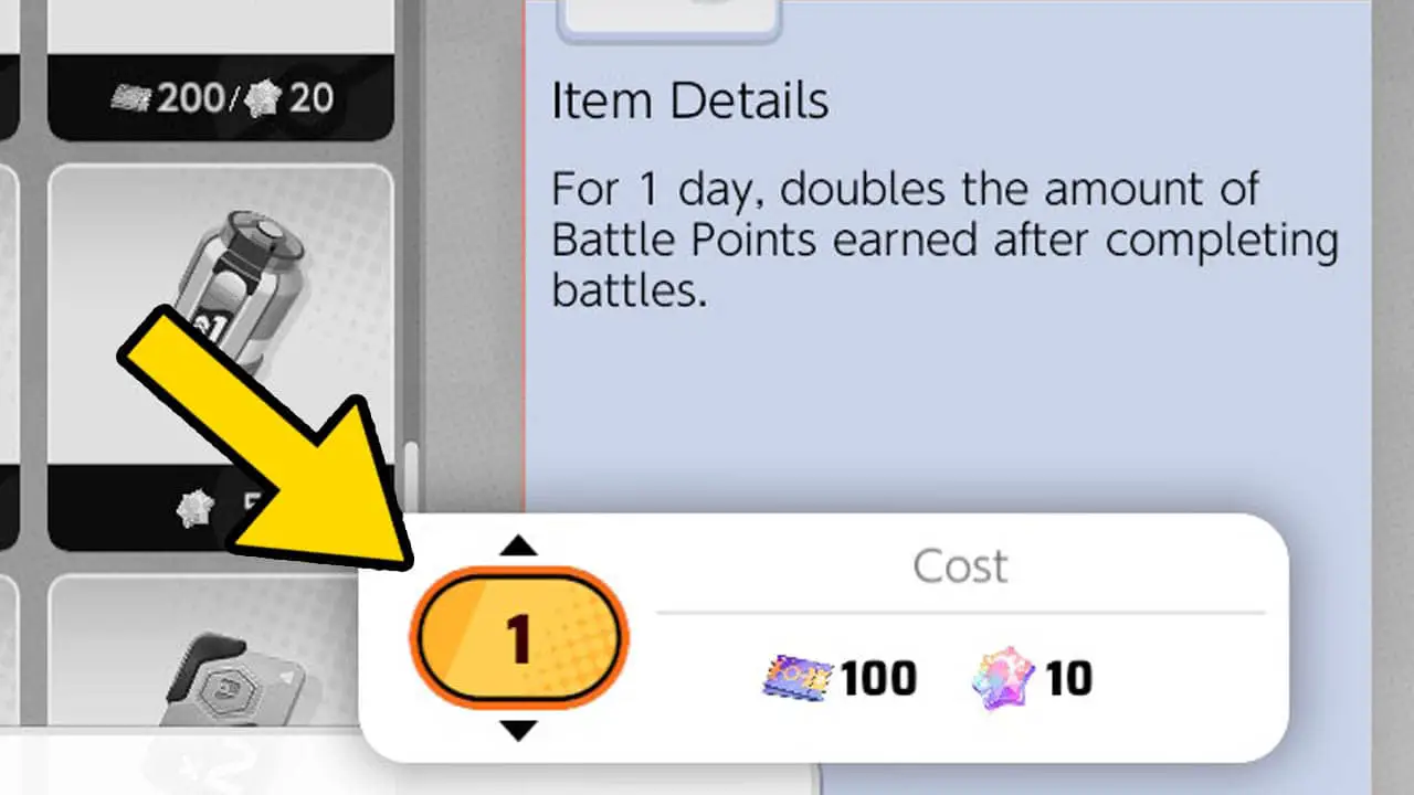 A item detail page with a yellow arrow pointing at the amount of items selected (pokemon unite)