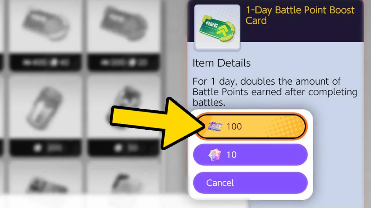 A item detail page with a yellow arrow pointing at the currency used to purchase the item (pokemon unite screenshot)