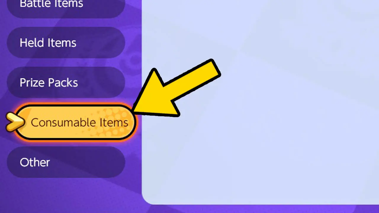 A held items screen with a yellow arrow pointing at the Consumeable Items button (pokemon untie screenshot)