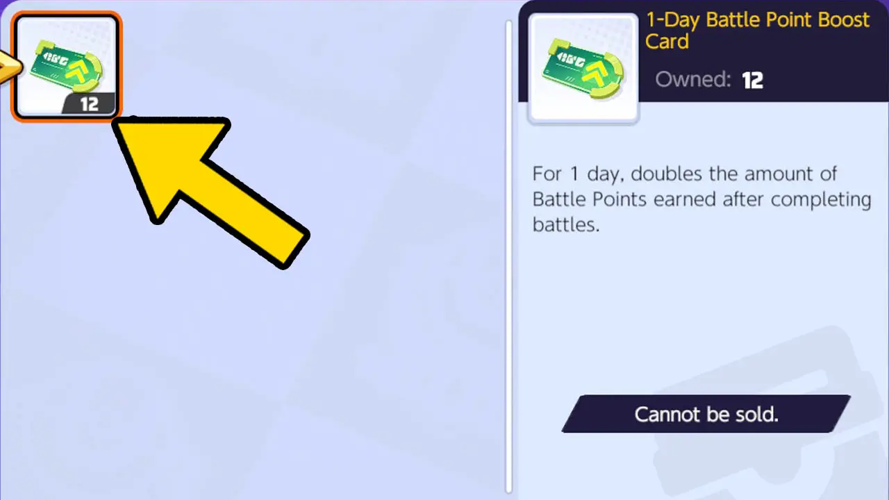 A green card item with a yellow arrow pointing at it (pokemon unite screenshot)